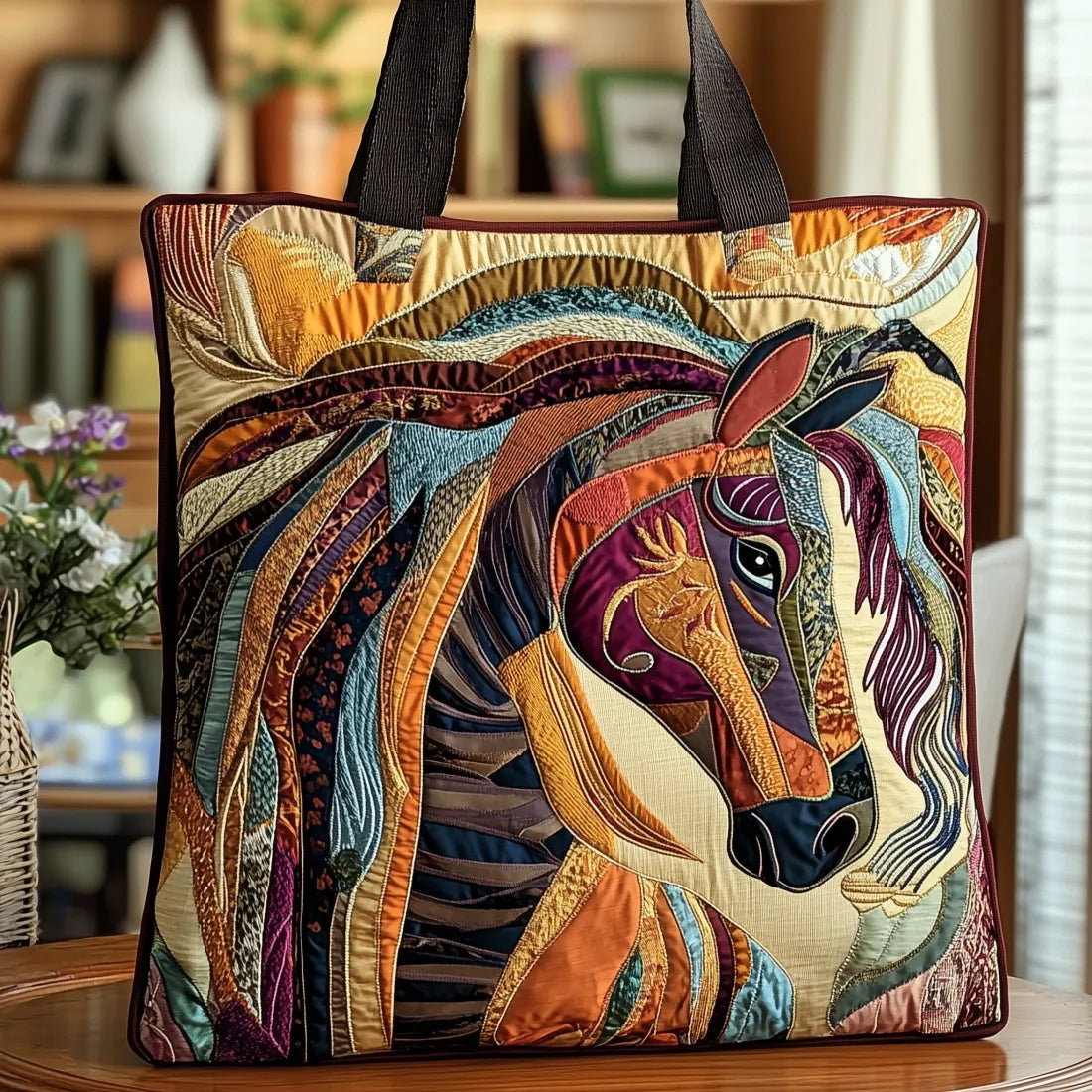 Borsa artigianale trapuntata con cavallo mosaico multicolore A minha loja