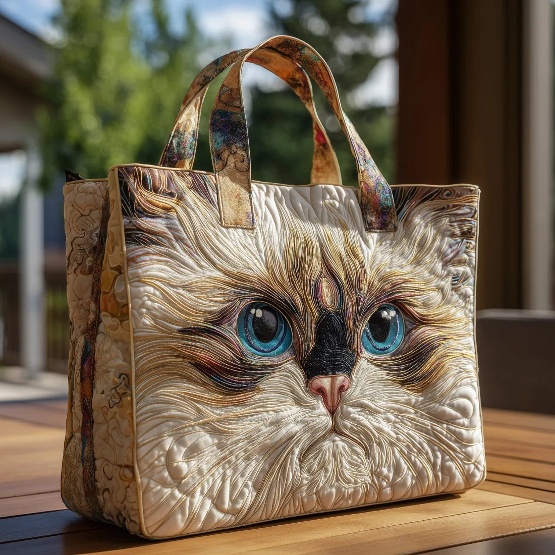 Borsa artigianale trapuntata con gatto bianco dagli occhi blu A minha loja