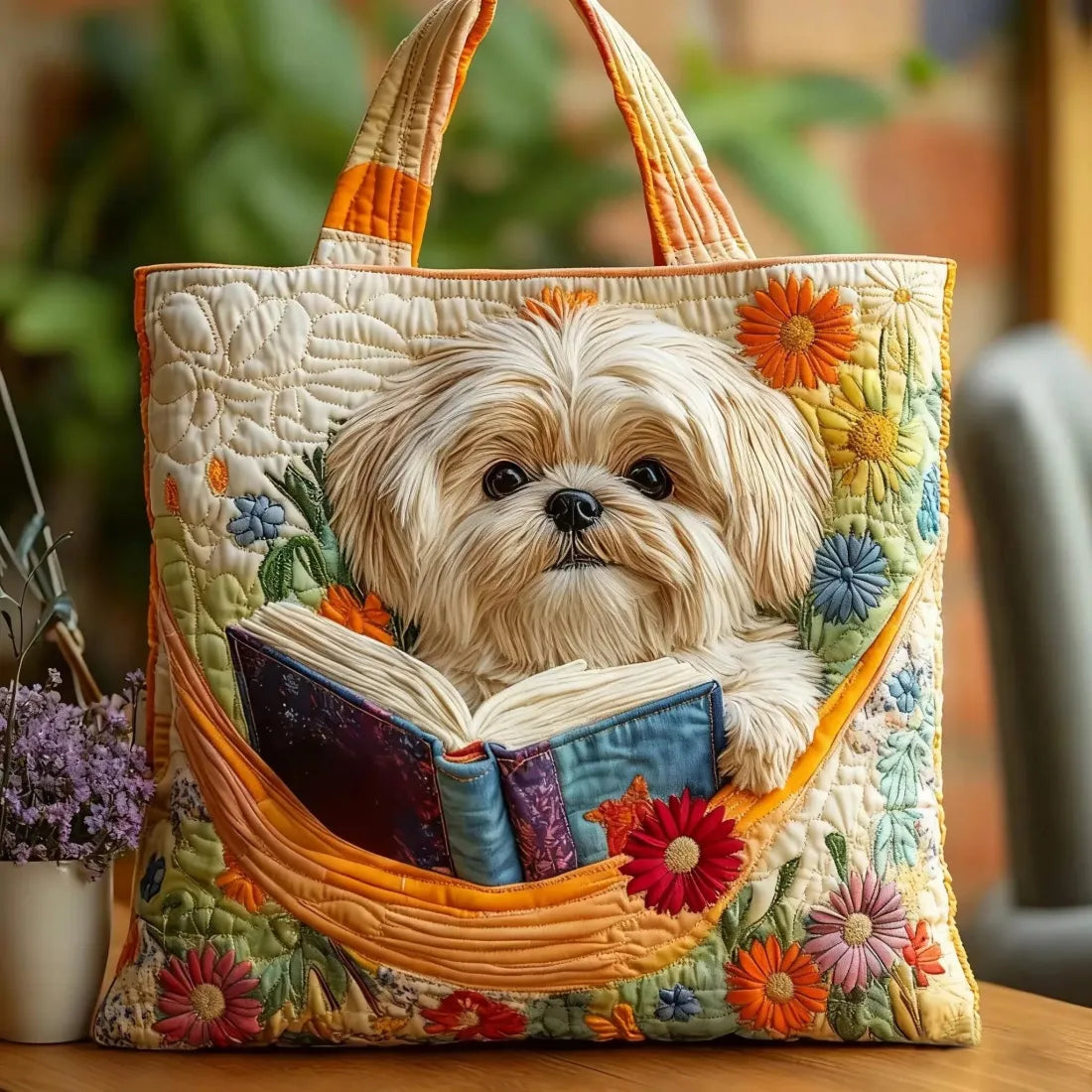 Borsa artigianale trapuntata con Shih Tzu, libri e fiori A minha loja
