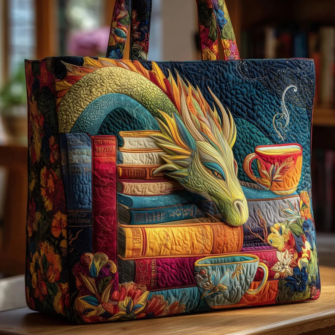 Borsa artigianale trapuntata con drago, libri e tazze A minha loja