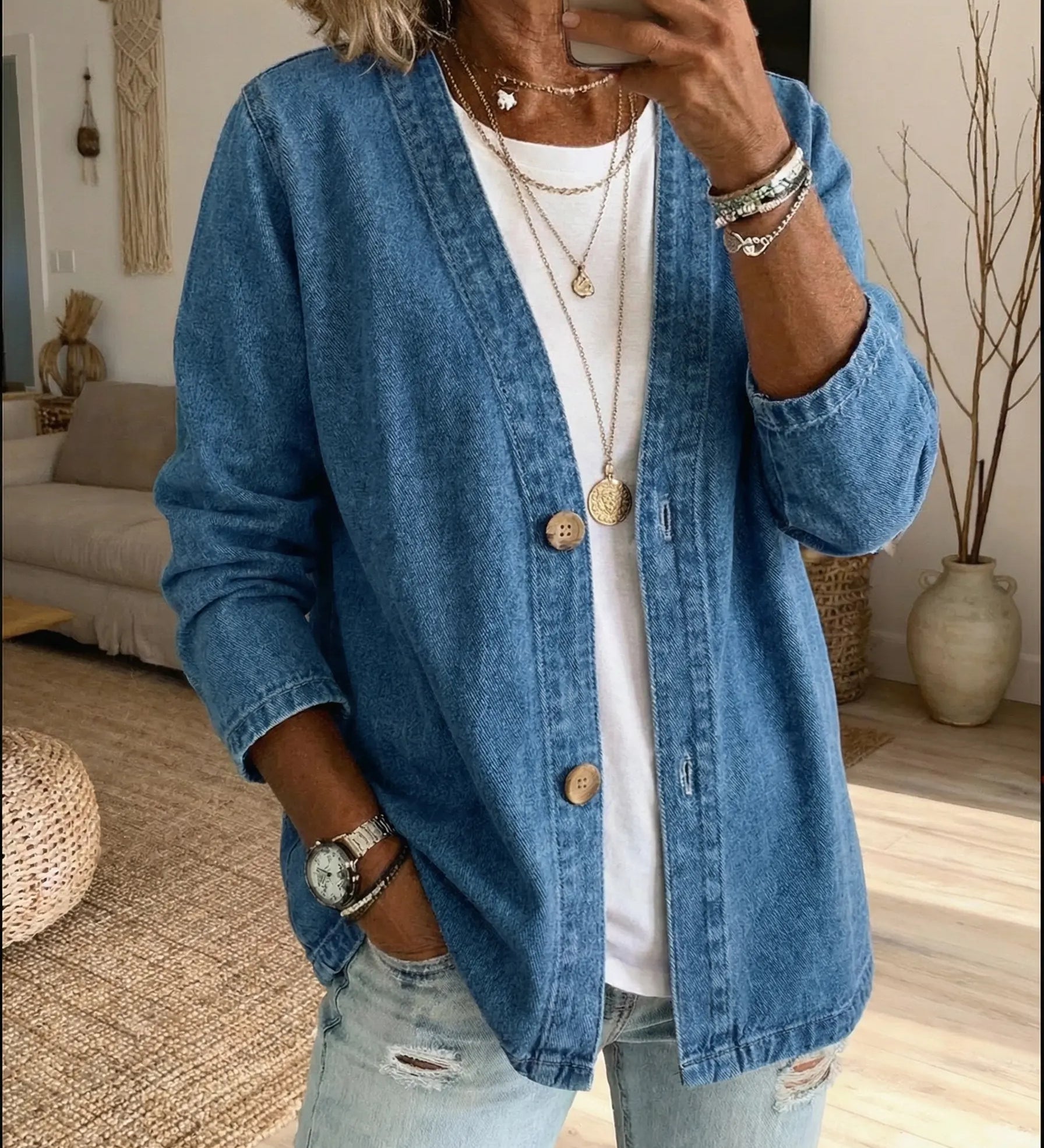 Classico Cappotto in Denim con Chiusura a Bottoni A minha loja