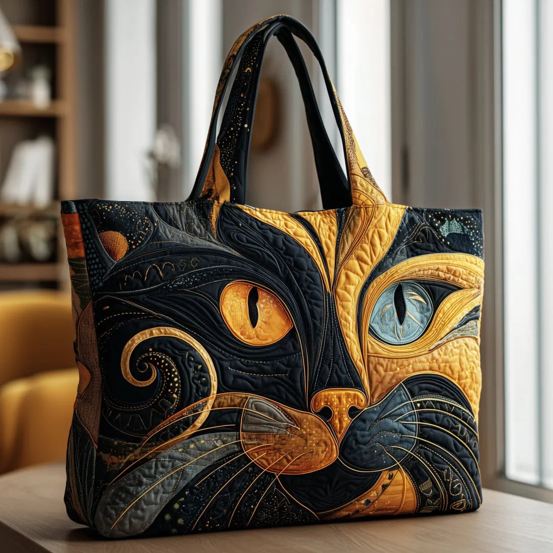 Borsa artigianale trapuntata con gatto misterioso A minha loja