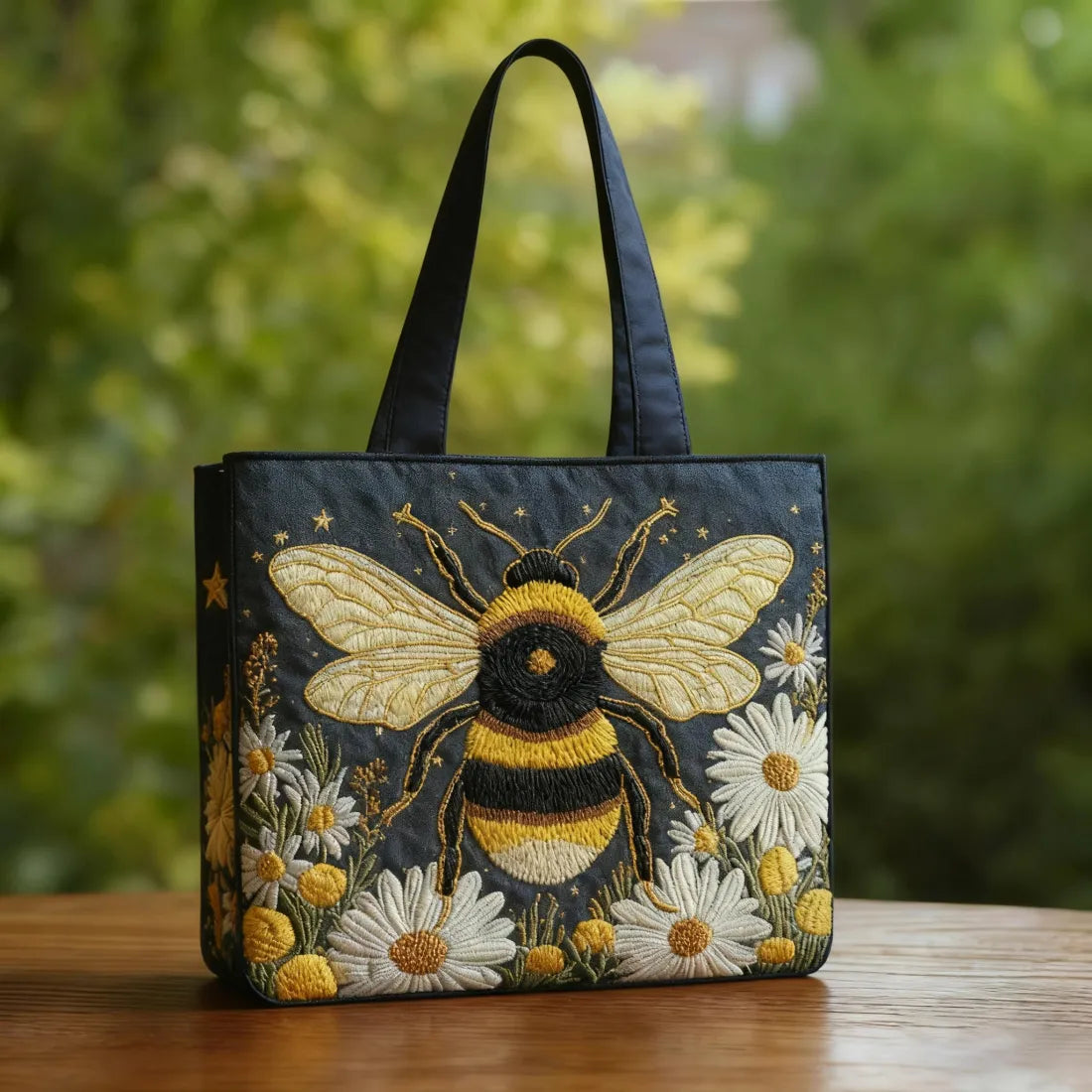 Borsa artigianale trapuntata con ape, margherite e stelle A minha loja