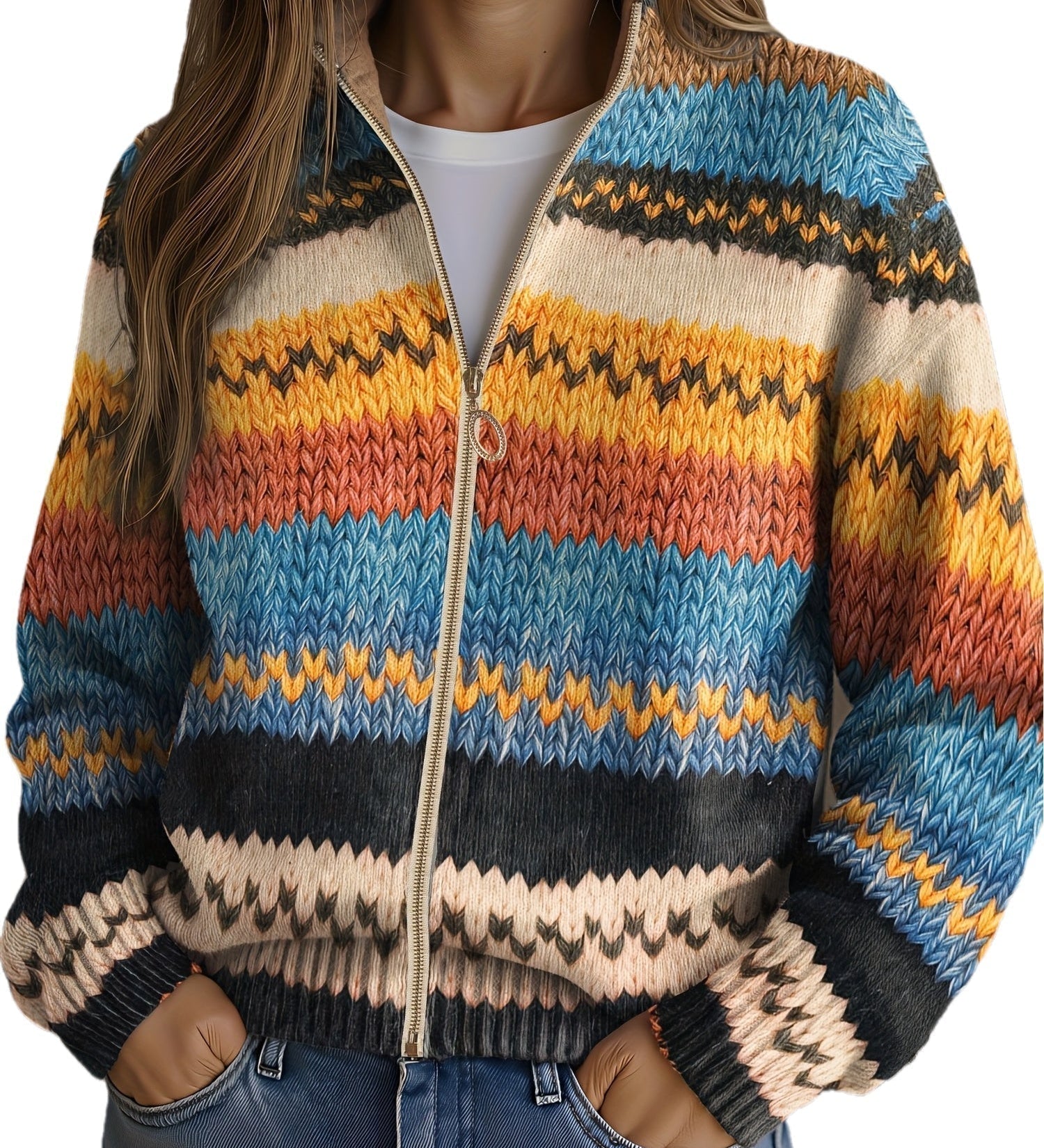 Yseult™ | Cardigan a righe zigzag multicolore in maglia A minha loja