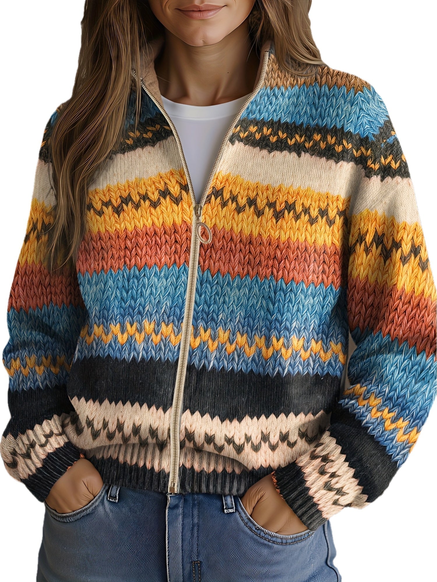 Yseult™ | Cardigan a righe zigzag multicolore in maglia A minha loja