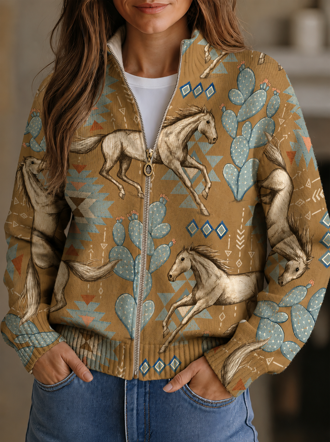 Perpetua™ | Cardigan Zip Desert Horse & Cactus A minha loja