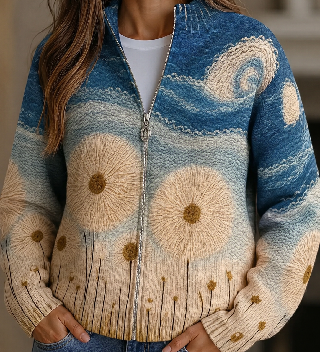 Yolanda™ | Dandelion Meadow Zip-Up Padded Cardigan A minha loja