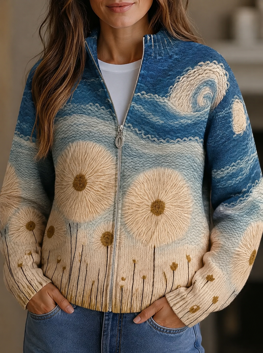 Yolanda™ | Dandelion Meadow Zip-Up Padded Cardigan A minha loja