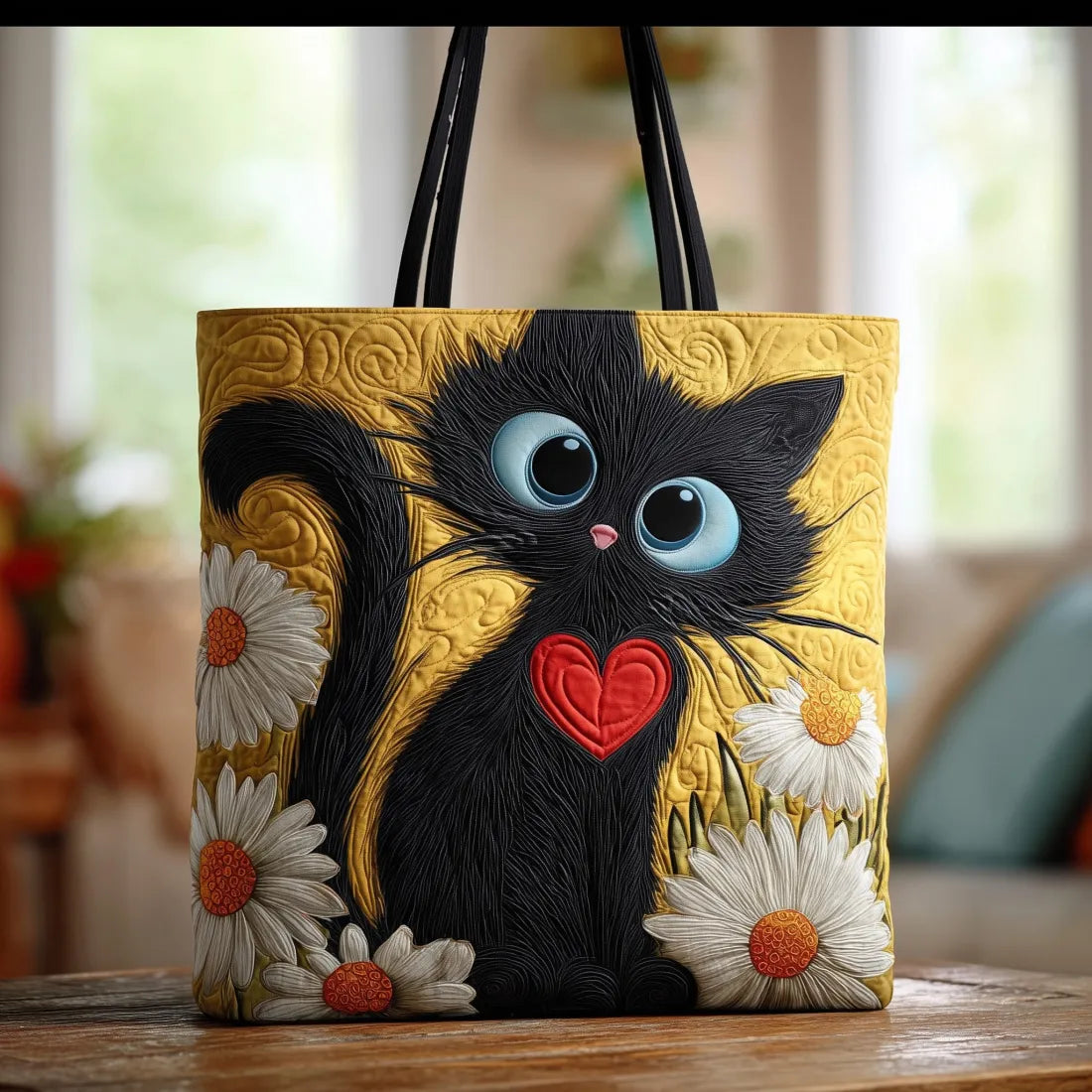 Borsa artigianale trapuntata con gatto nero e margherite A minha loja