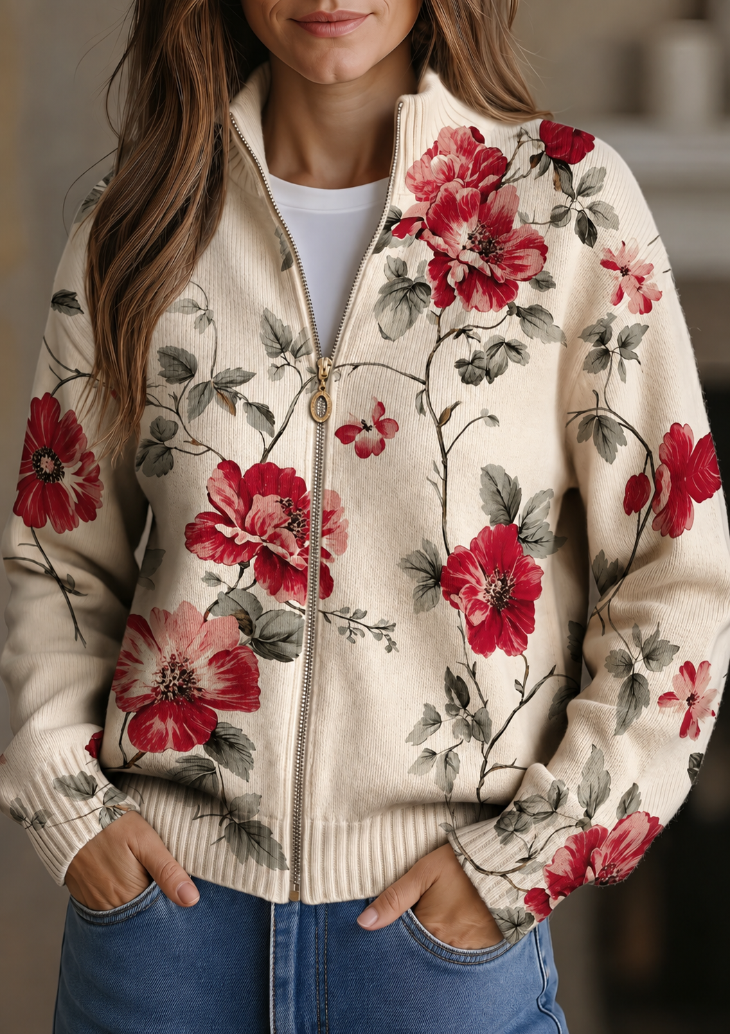Wilhelmine™ | Cardigan Vintage con Stampa Rosa A minha loja