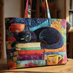 Borsa artigianale trapuntata con gatto nero, libri e tazze A minha loja