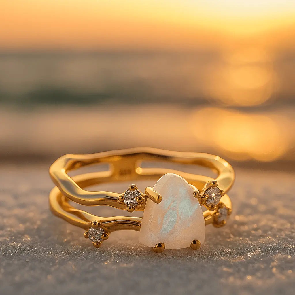 Anello in argento 925 con pietra di luna e decorazioni dorate A minha loja