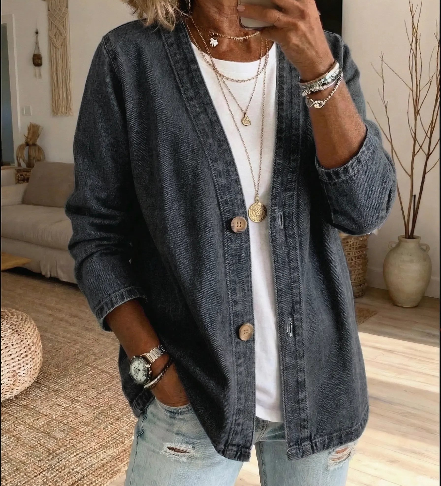 Classico Cappotto in Denim con Chiusura a Bottoni A minha loja