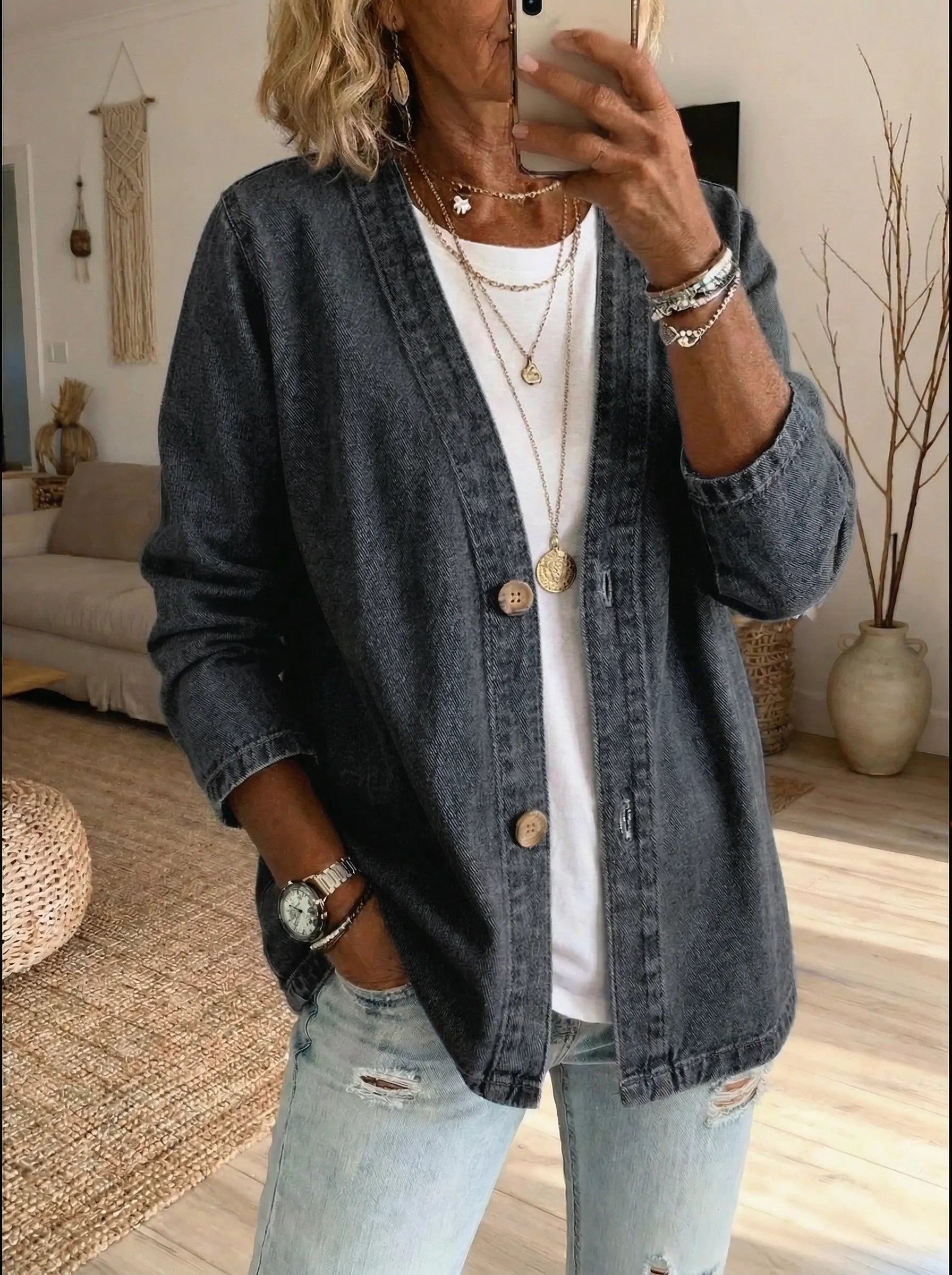 Classico Cappotto in Denim con Chiusura a Bottoni A minha loja