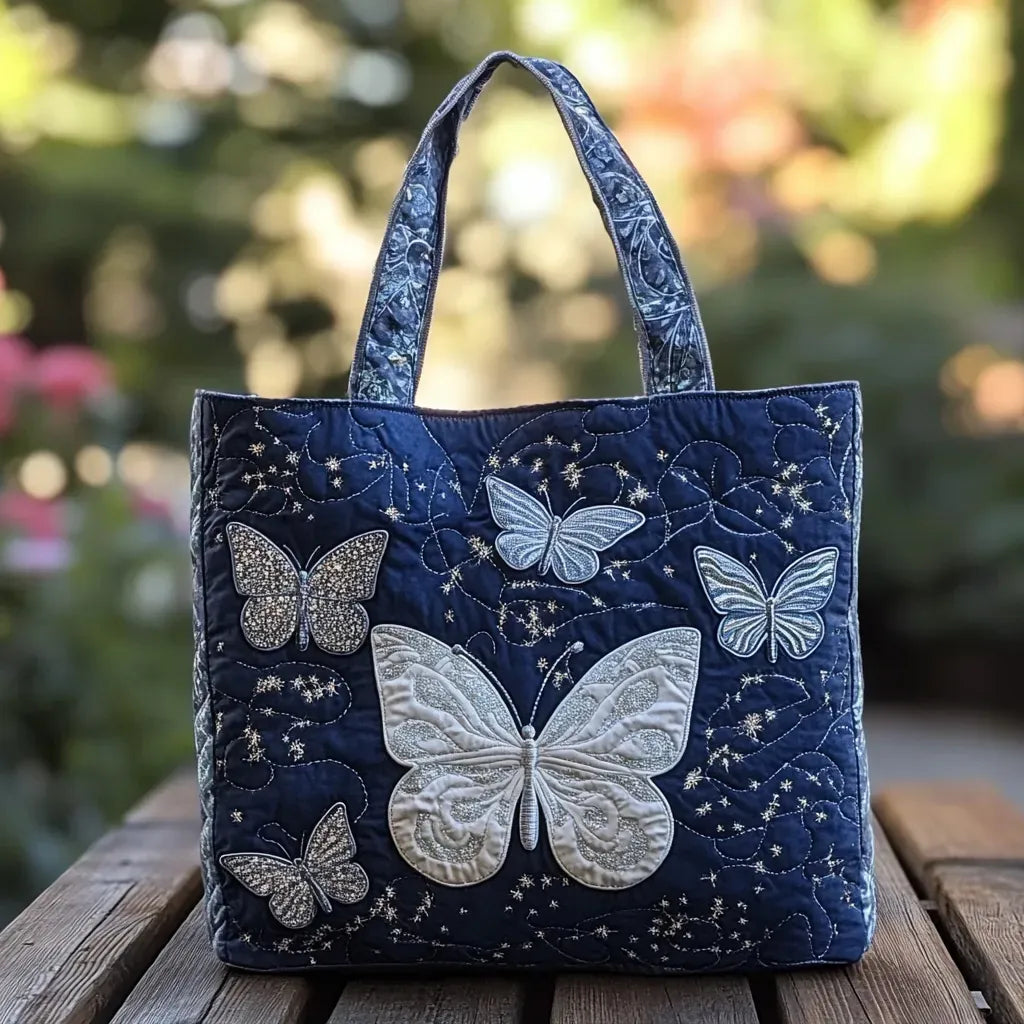 Borsa artigianale trapuntata con farfalla argento A minha loja