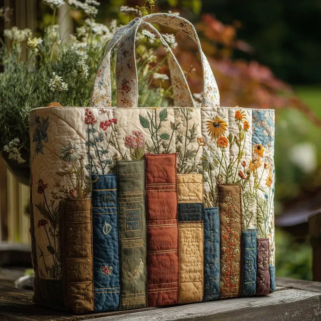 Borsa artigianale trapuntata con libri e fiori A minha loja