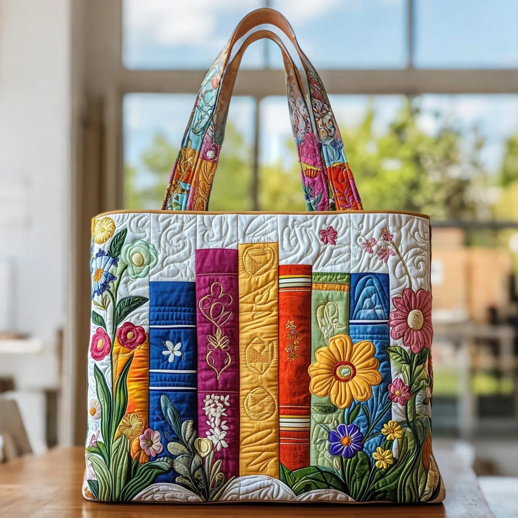 Borsa artigianale trapuntata con biblioteca fiorita A minha loja