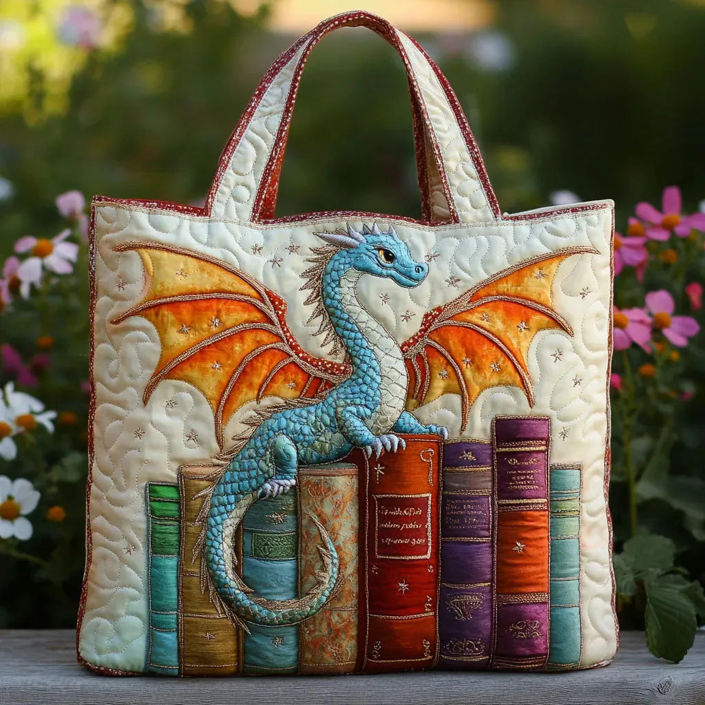 Borsa artigianale trapuntata con drago custode dei libri A minha loja