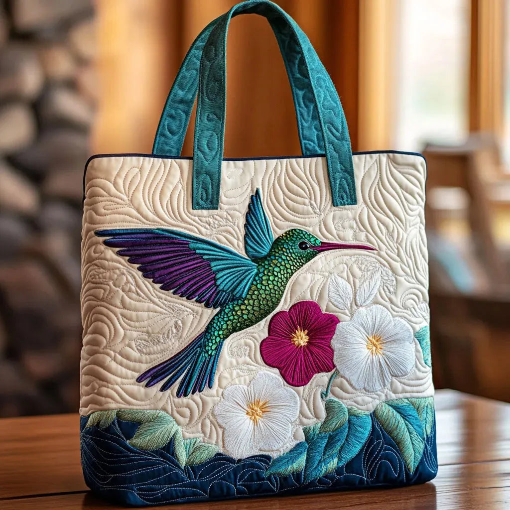 Borsa artigianale trapuntata con colibrì e fiore bianco A minha loja