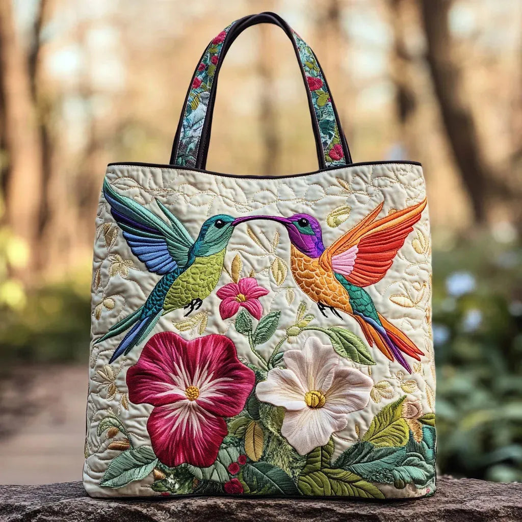 Borsa artigianale trapuntata con colibrì e fiori bianchi A minha loja