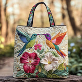 Borsa artigianale trapuntata con colibrì e fiori bianchi A minha loja