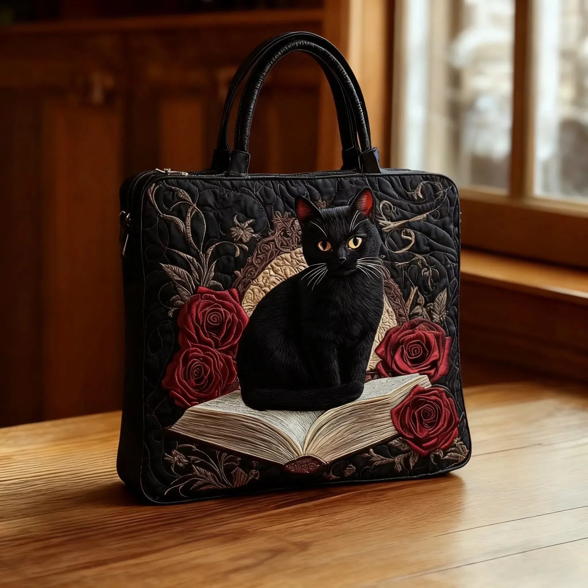 Borsa artigianale trapuntata con gatto nero e libri A minha loja