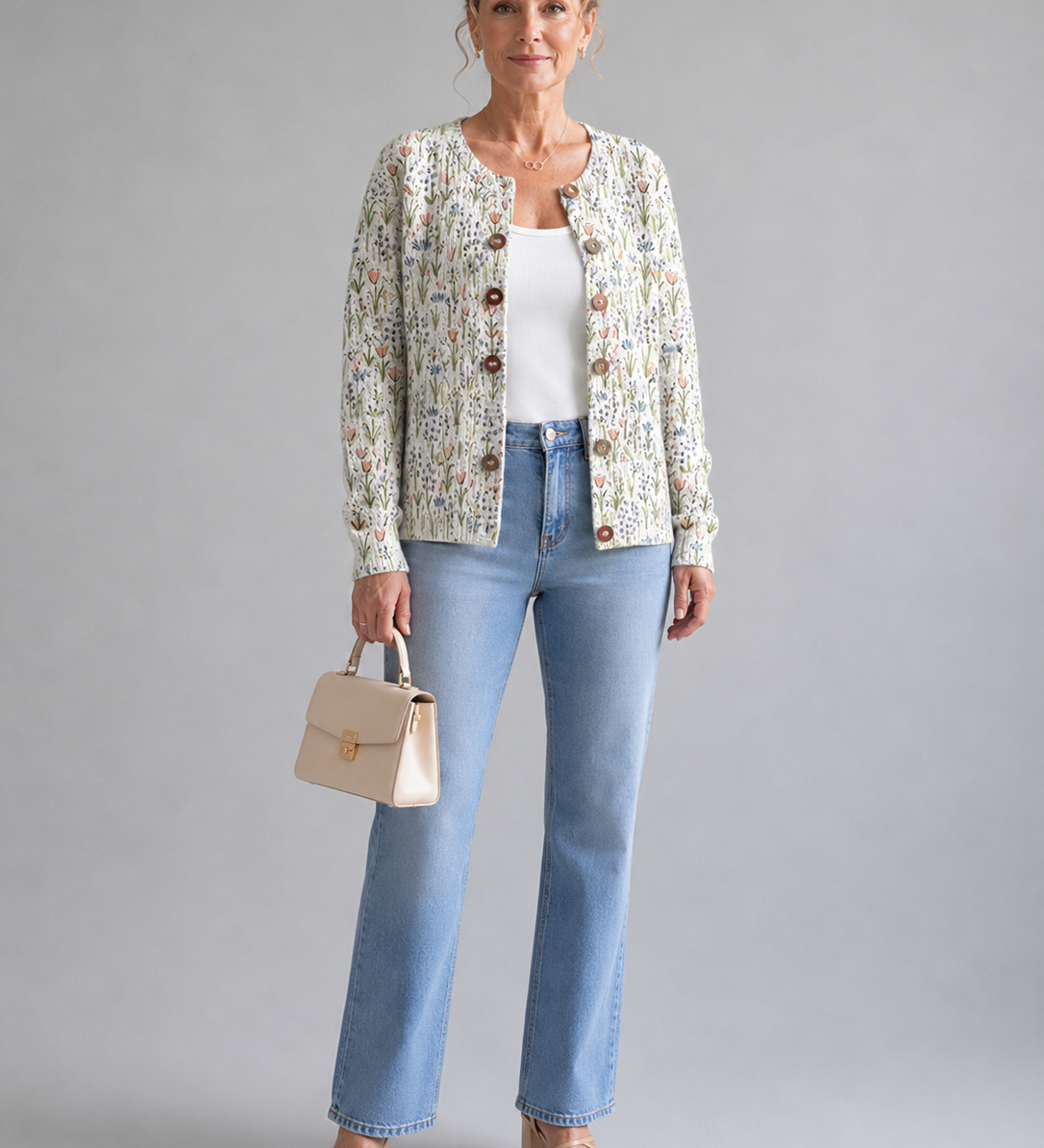 Ivadelle™ | Cardigan Vintage con Motivo Floreale in Maglia A minha loja