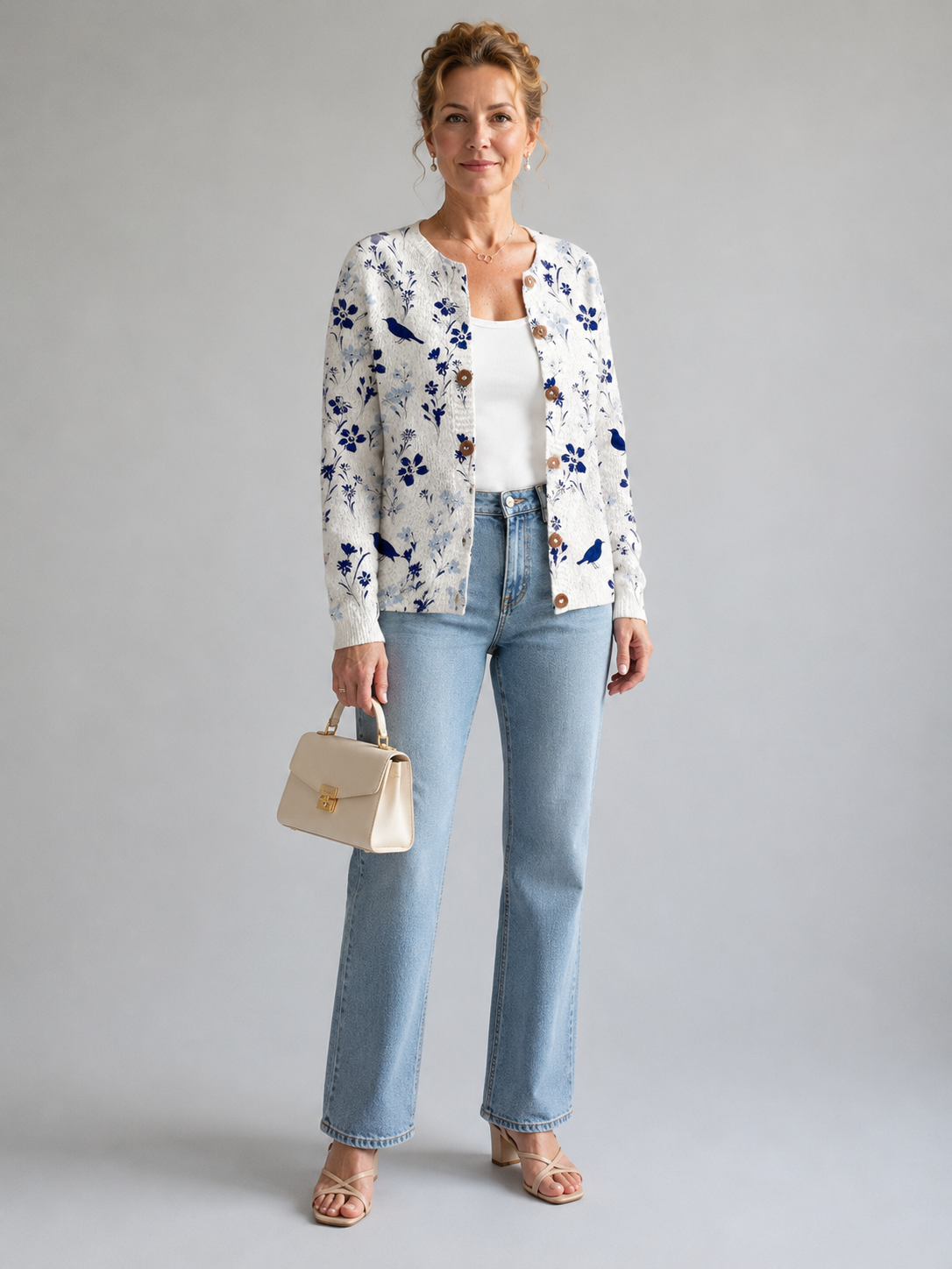 Vynora™ | Cardigan in Maglia con Stampa Vintage di Fiori e Uccelli e Bottoni A minha loja