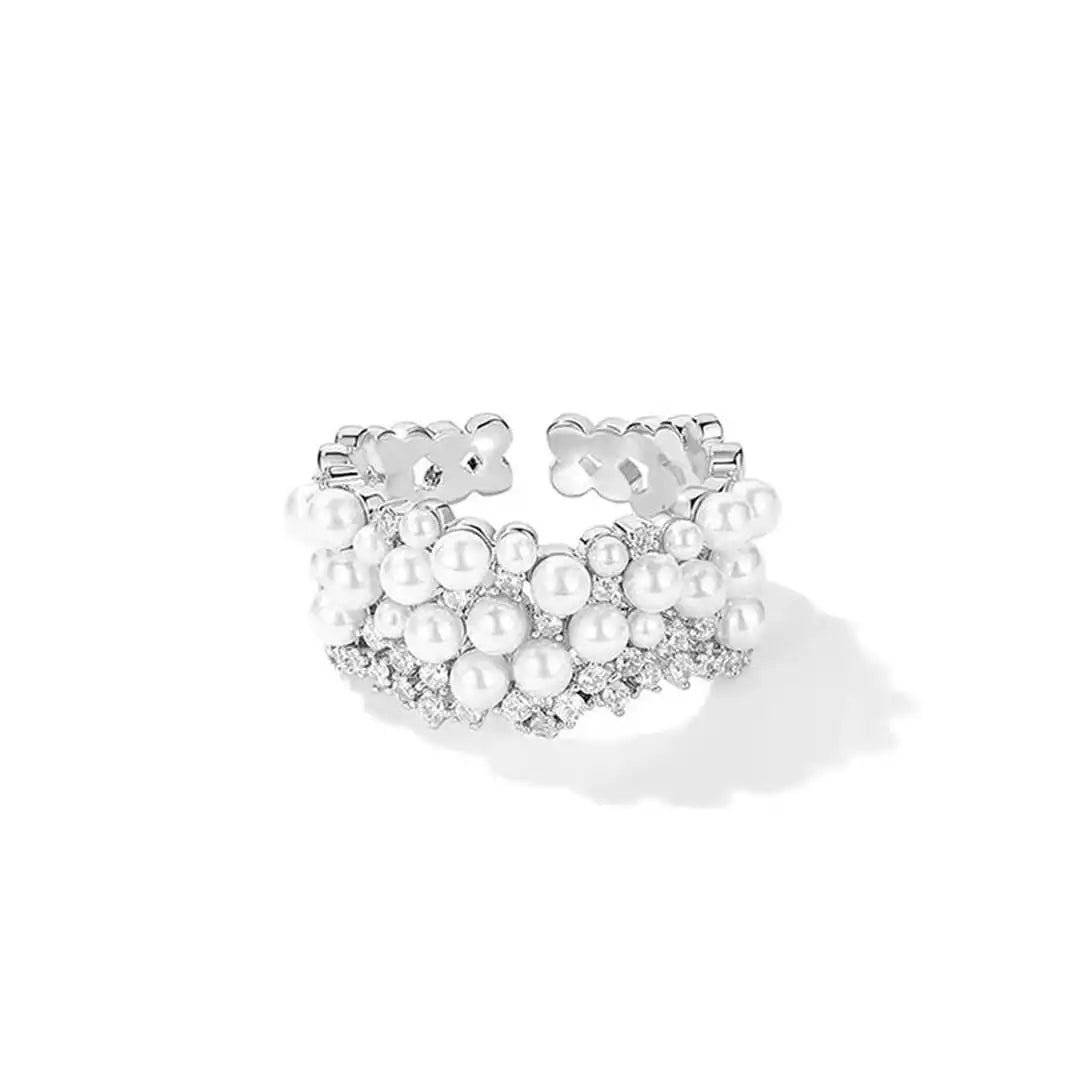Anello Vintage Regolabile con Perle e Zirconia