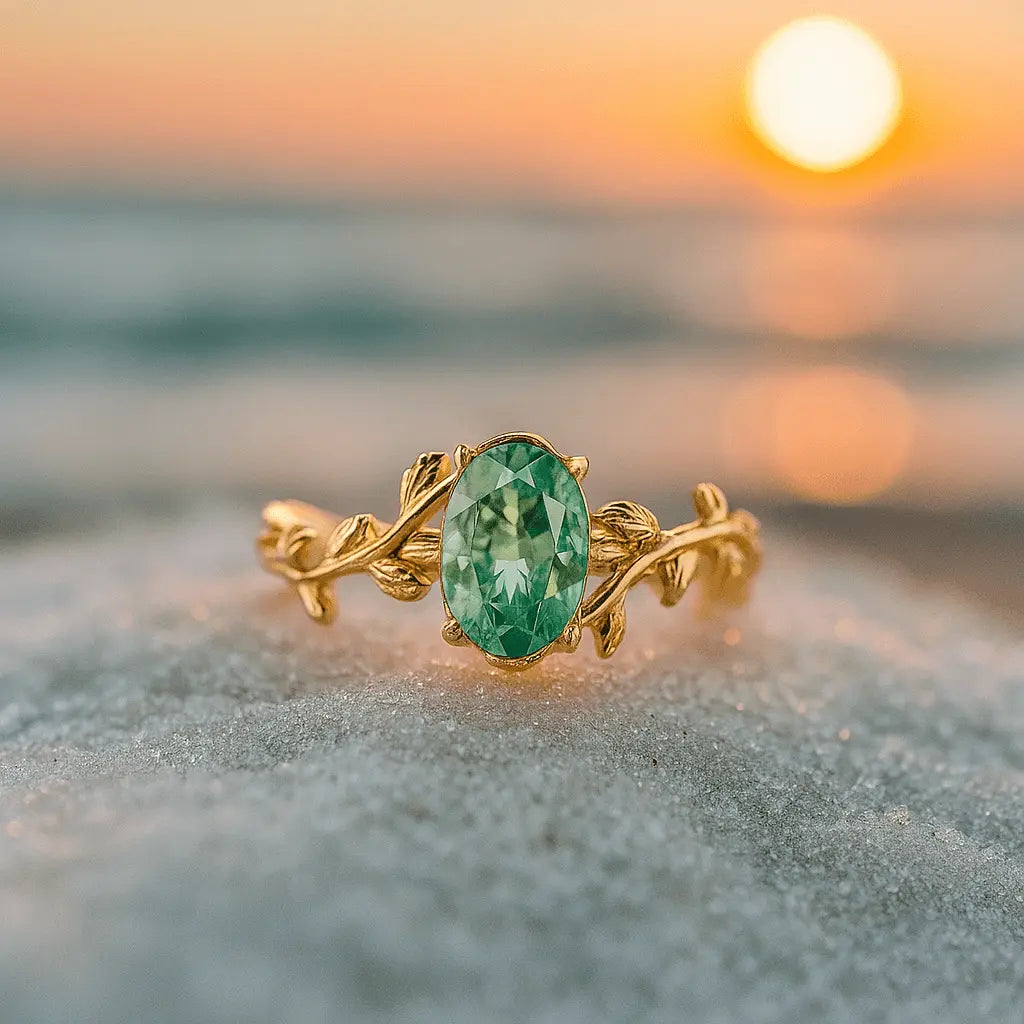 Anello d'oro con agata verde e motivi fogliari A minha loja