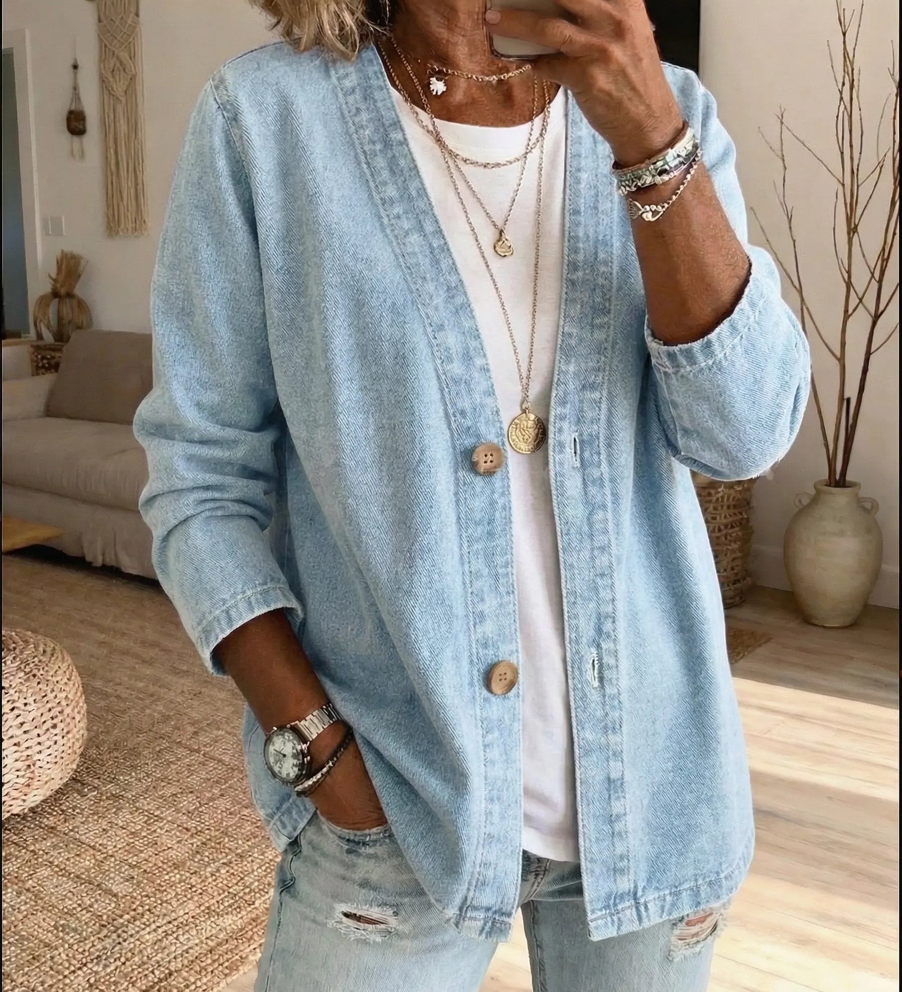 Classico Cappotto in Denim con Chiusura a Bottoni A minha loja