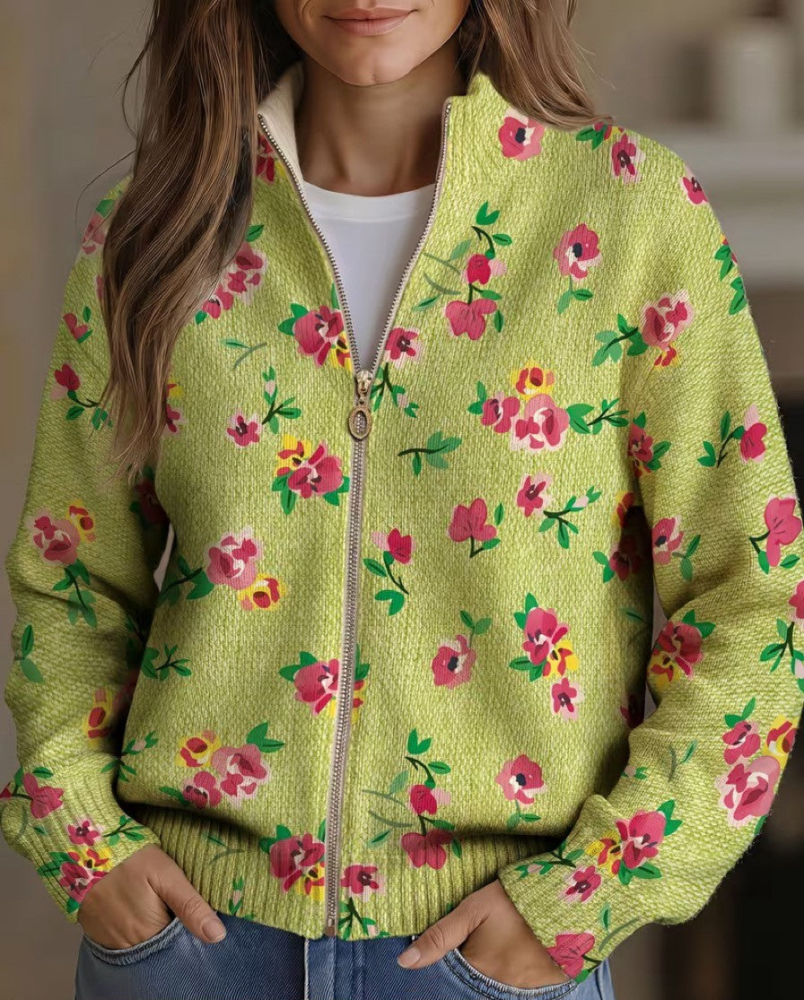 Constance™ | Cardigan Rosa Lime con Zip e Motivo Floreale A minha loja