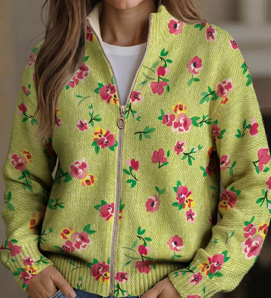 Constance™ | Cardigan Rosa Lime con Zip e Motivo Floreale A minha loja