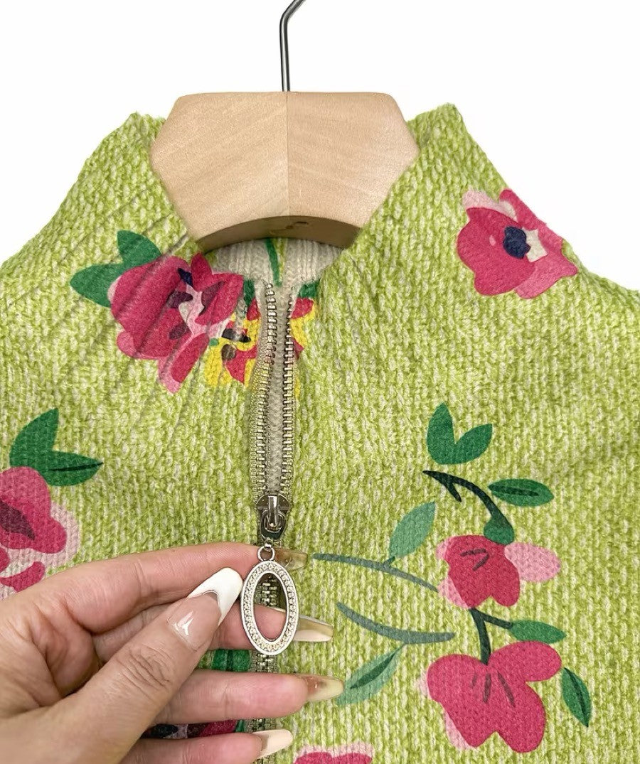Constance™ | Cardigan Rosa Lime con Zip e Motivo Floreale A minha loja