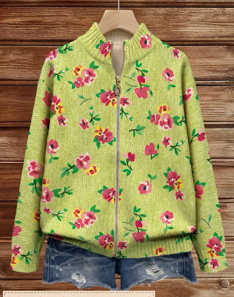 Constance™ | Cardigan Rosa Lime con Zip e Motivo Floreale A minha loja