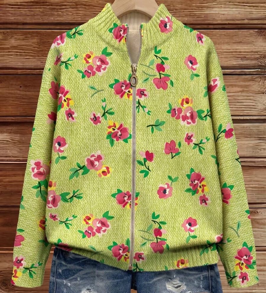 Constance™ | Cardigan Rosa Lime con Zip e Motivo Floreale A minha loja