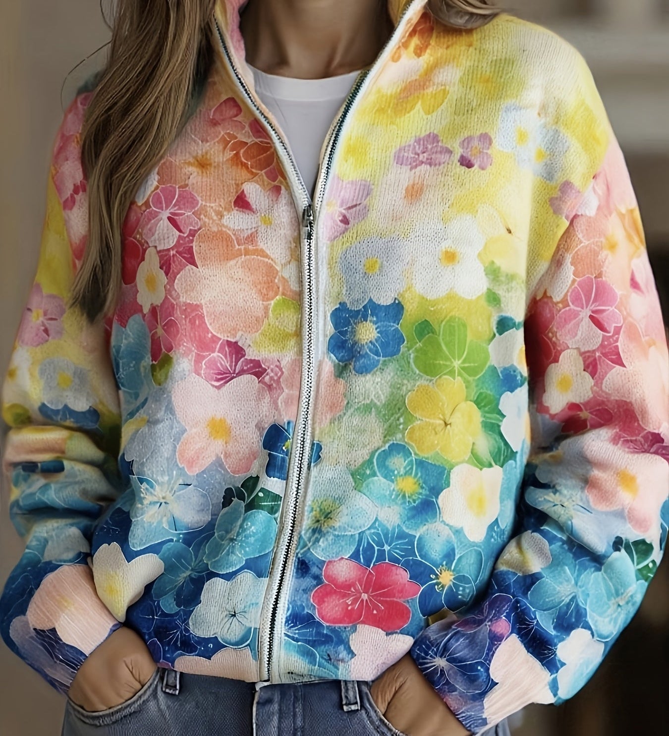 Augusta™ | Ombre Floral Watercolor Zip Cardigan A minha loja