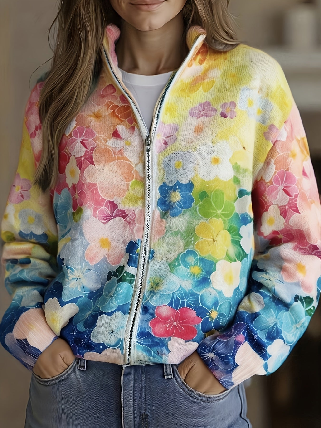 Augusta™ | Ombre Floral Watercolor Zip Cardigan A minha loja