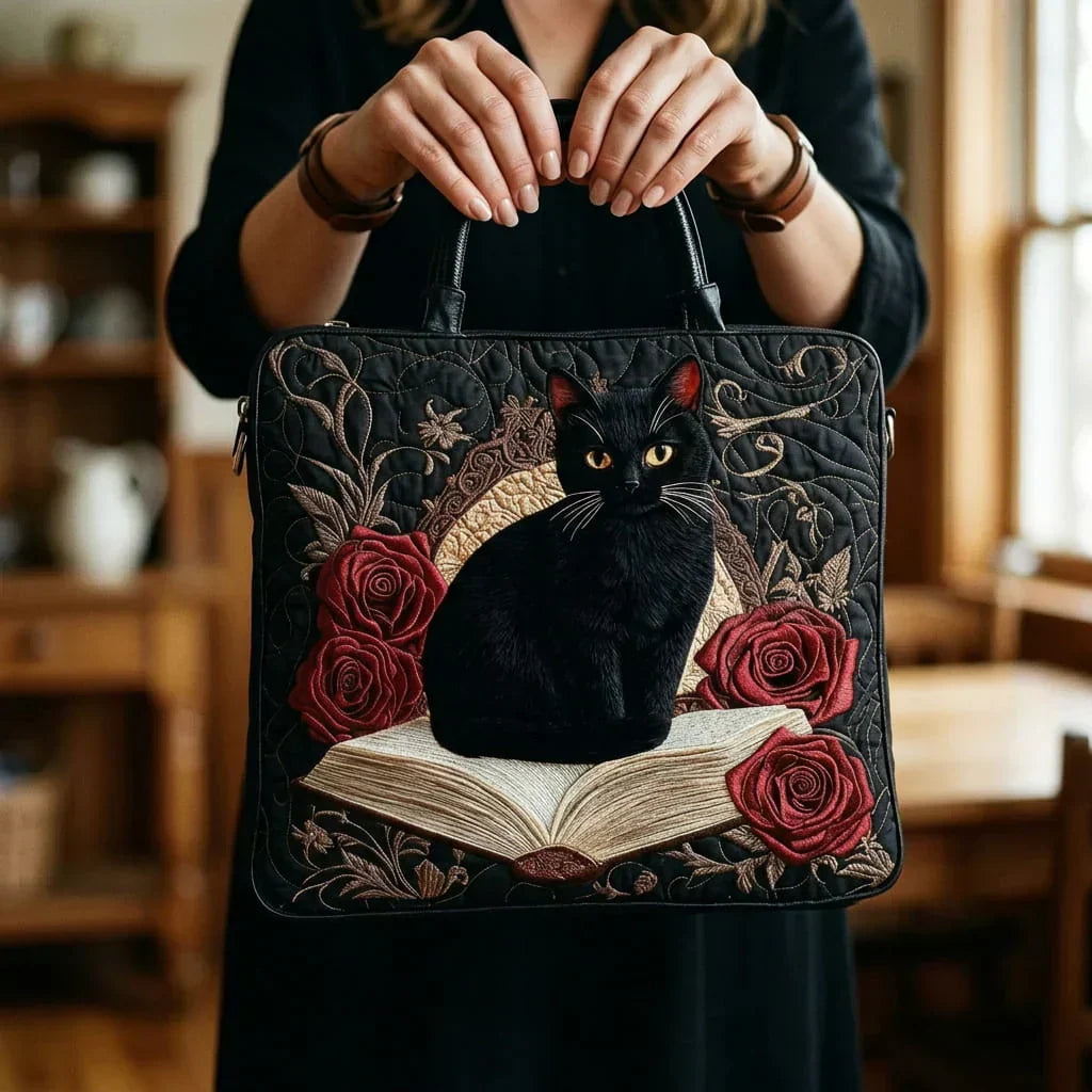 Borsa artigianale trapuntata con gatto nero e libri A minha loja