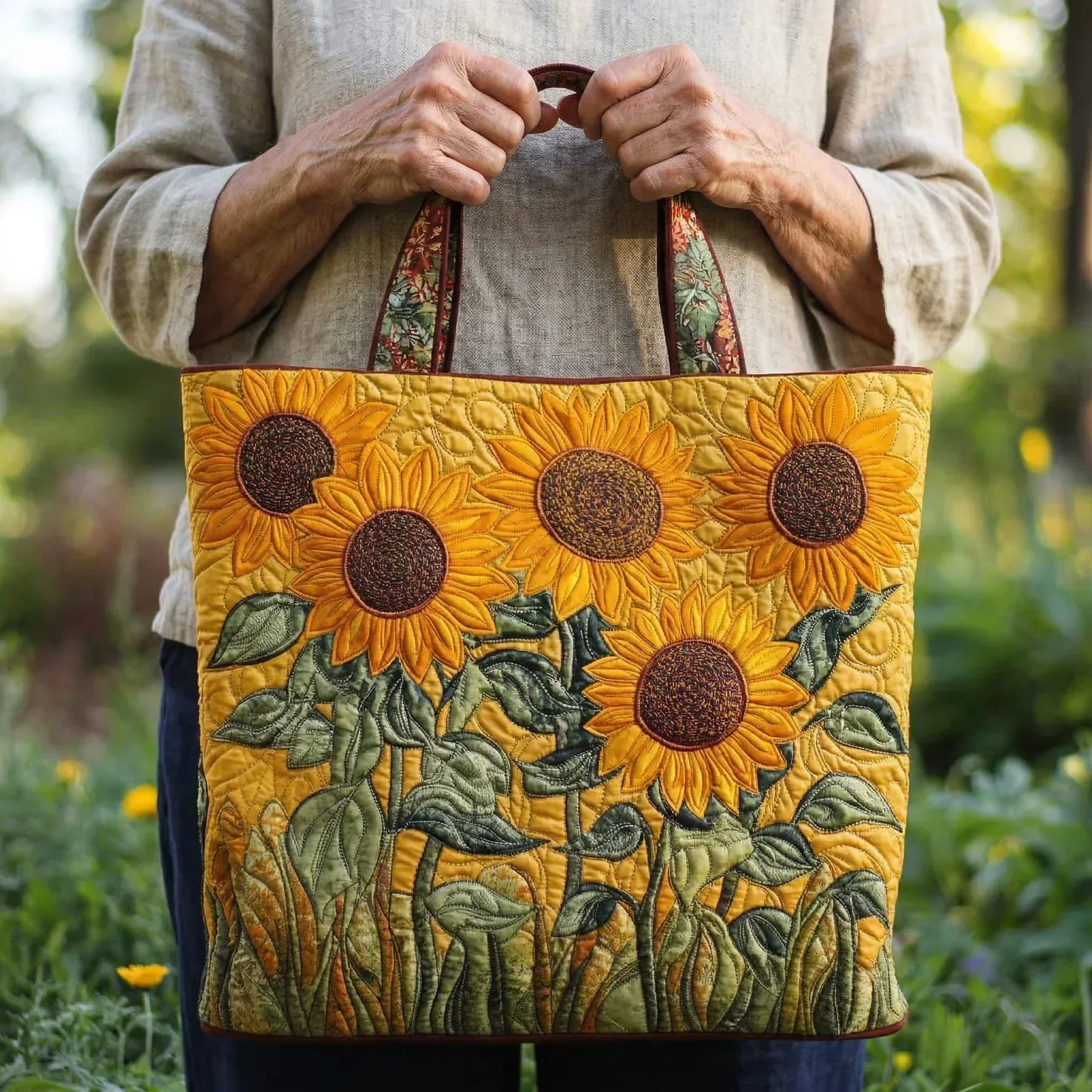Borsa artigianale trapuntata con girasole A minha loja