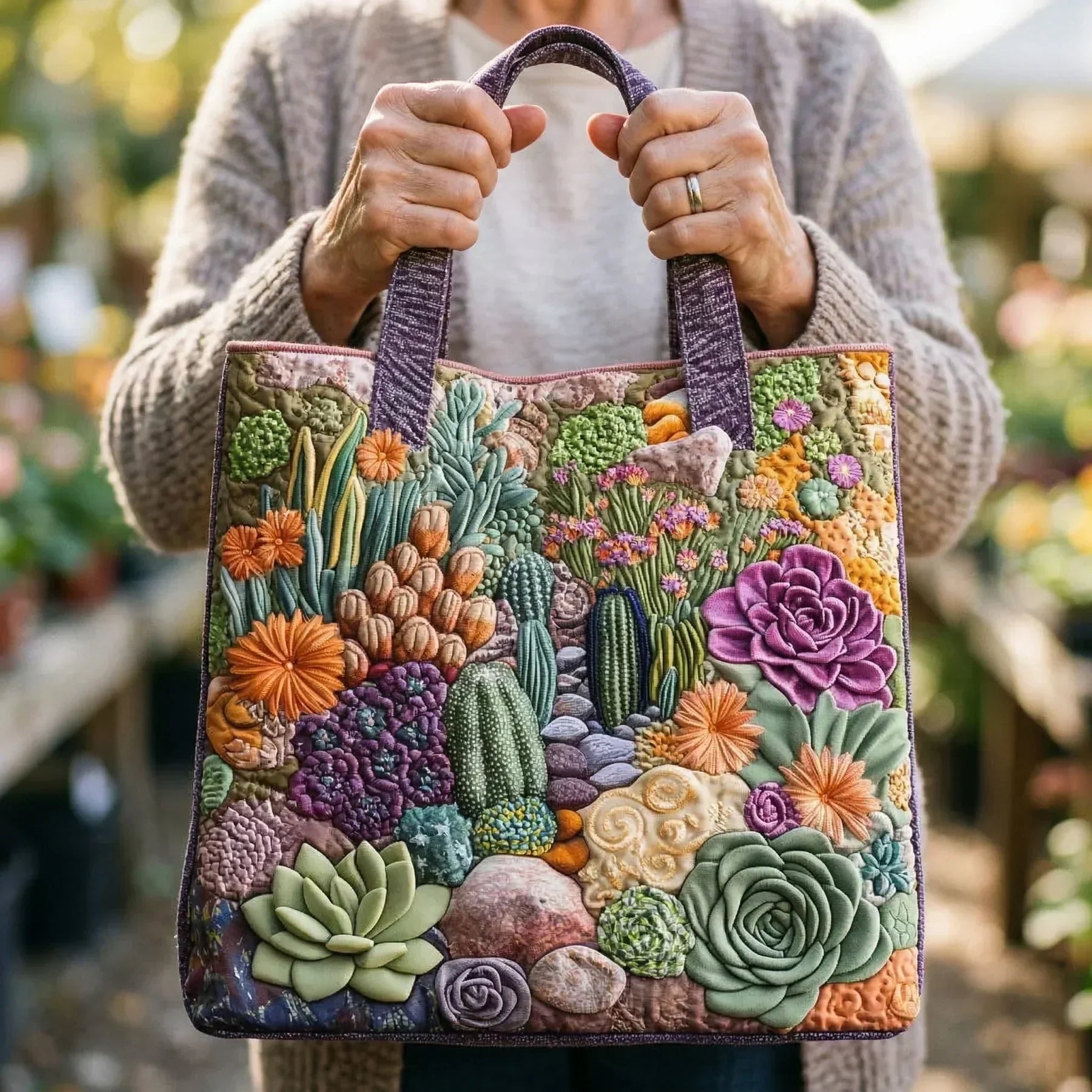 Borsa artigianale trapuntata con giardino di succulente A minha loja
