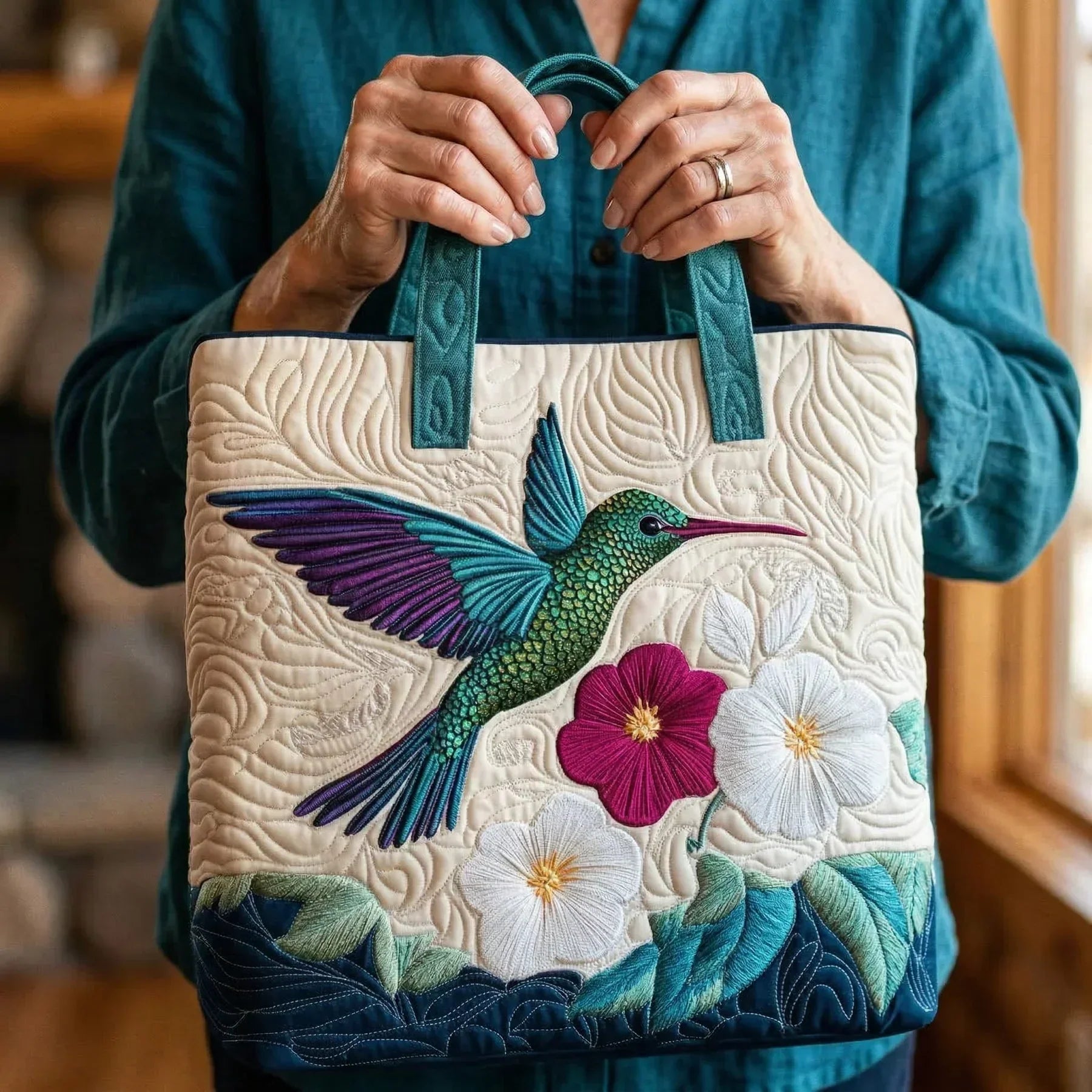 Borsa artigianale trapuntata con colibrì e fiore bianco A minha loja