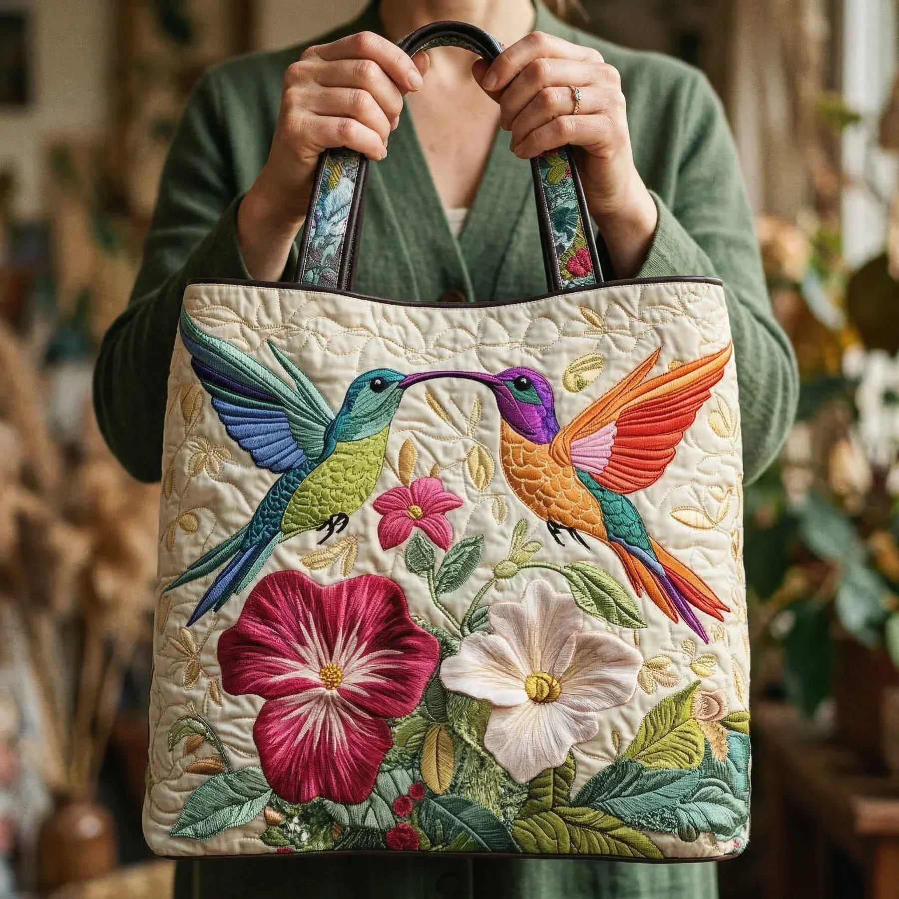 Borsa artigianale trapuntata con colibrì e fiori bianchi A minha loja