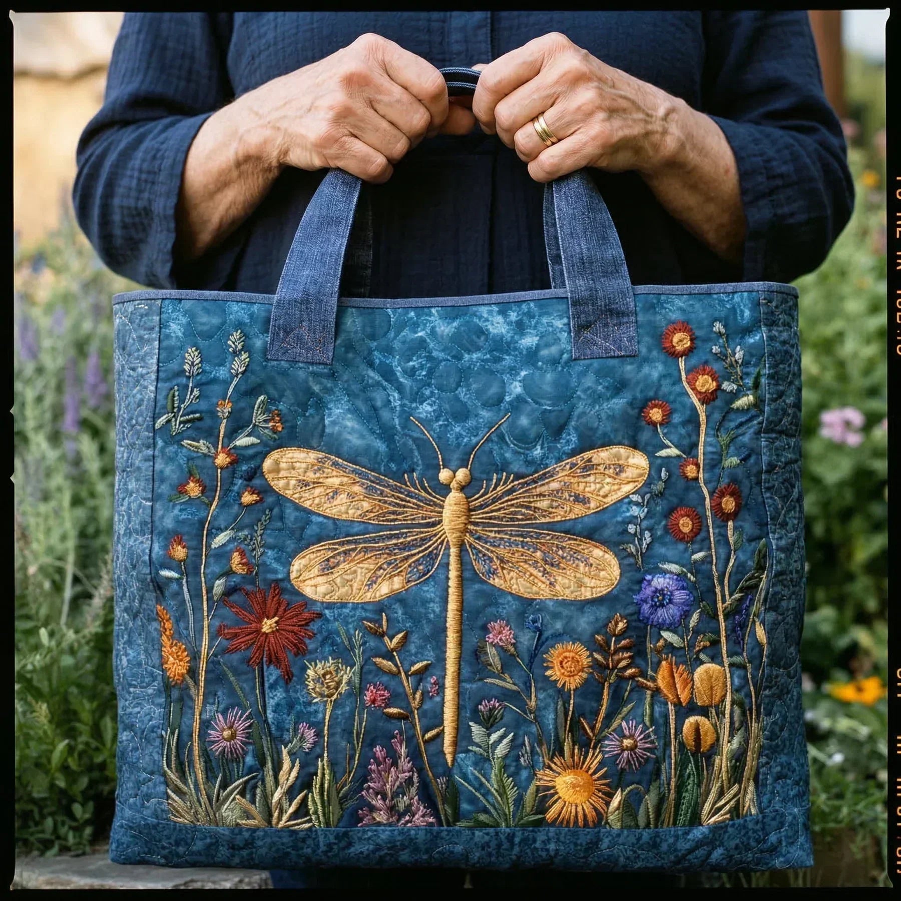 Borsa artigianale trapuntata con libellula dorata A minha loja