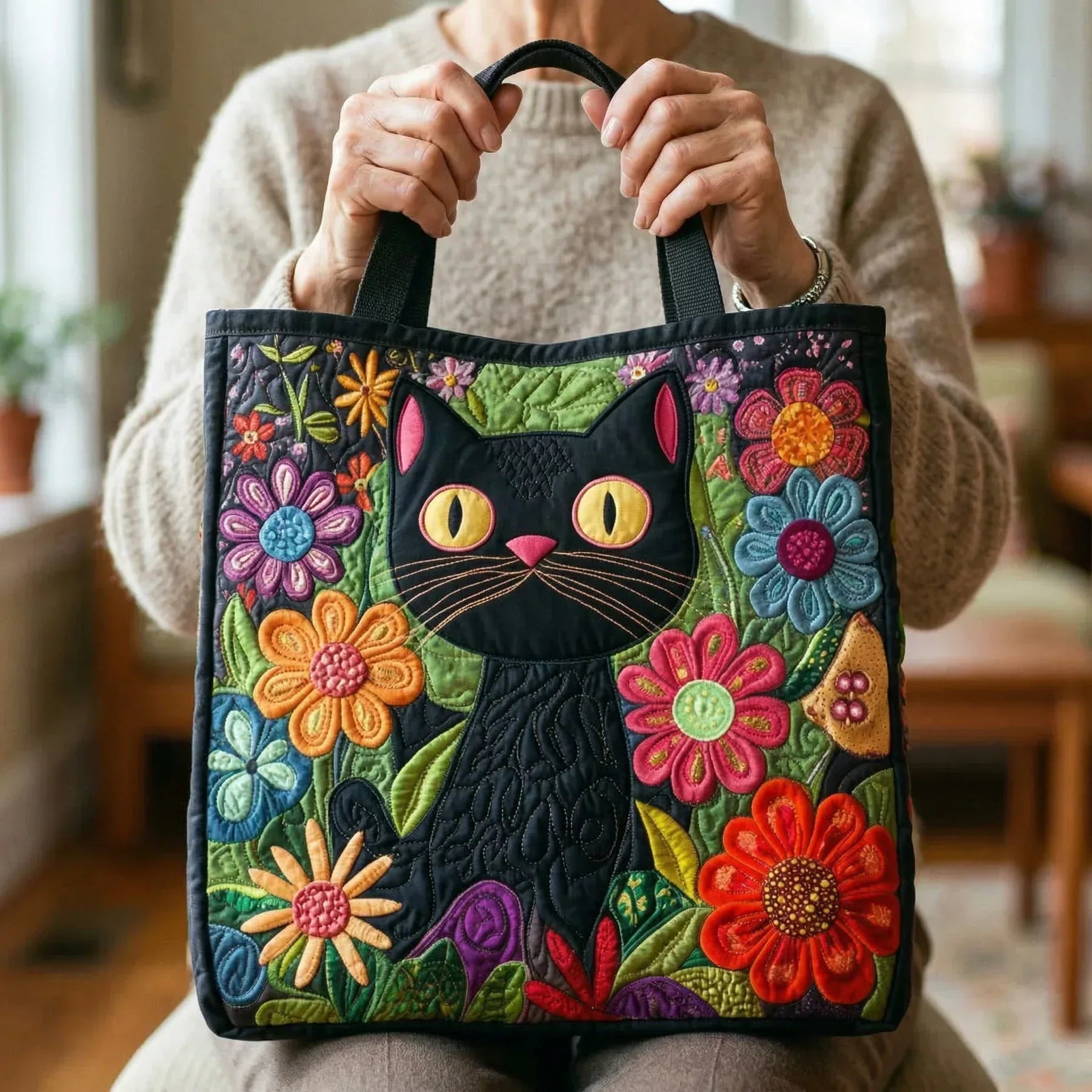 Borsa artigianale imbottita con gatta nera A minha loja