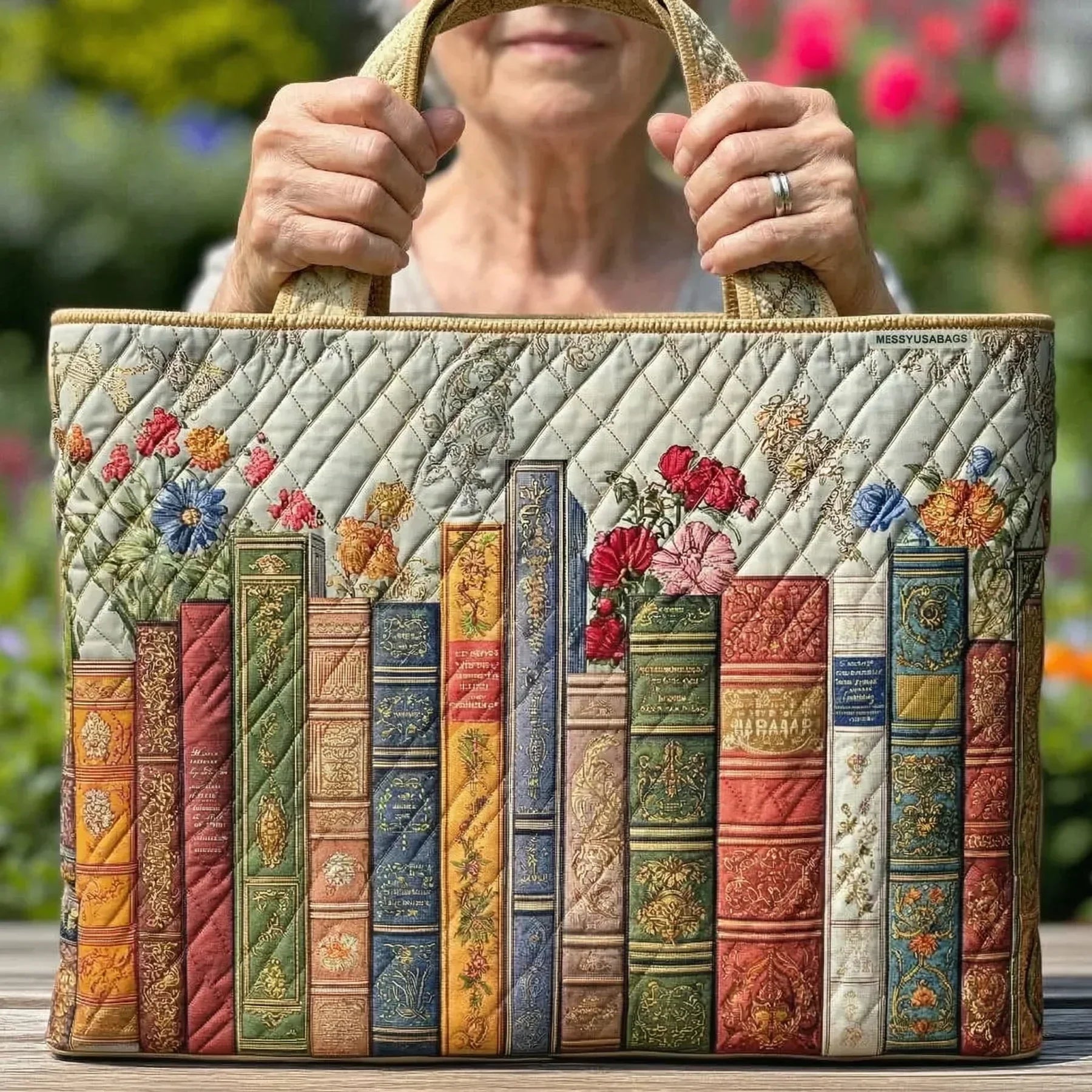 Borsa artigianale trapuntata con biblioteca magica A minha loja