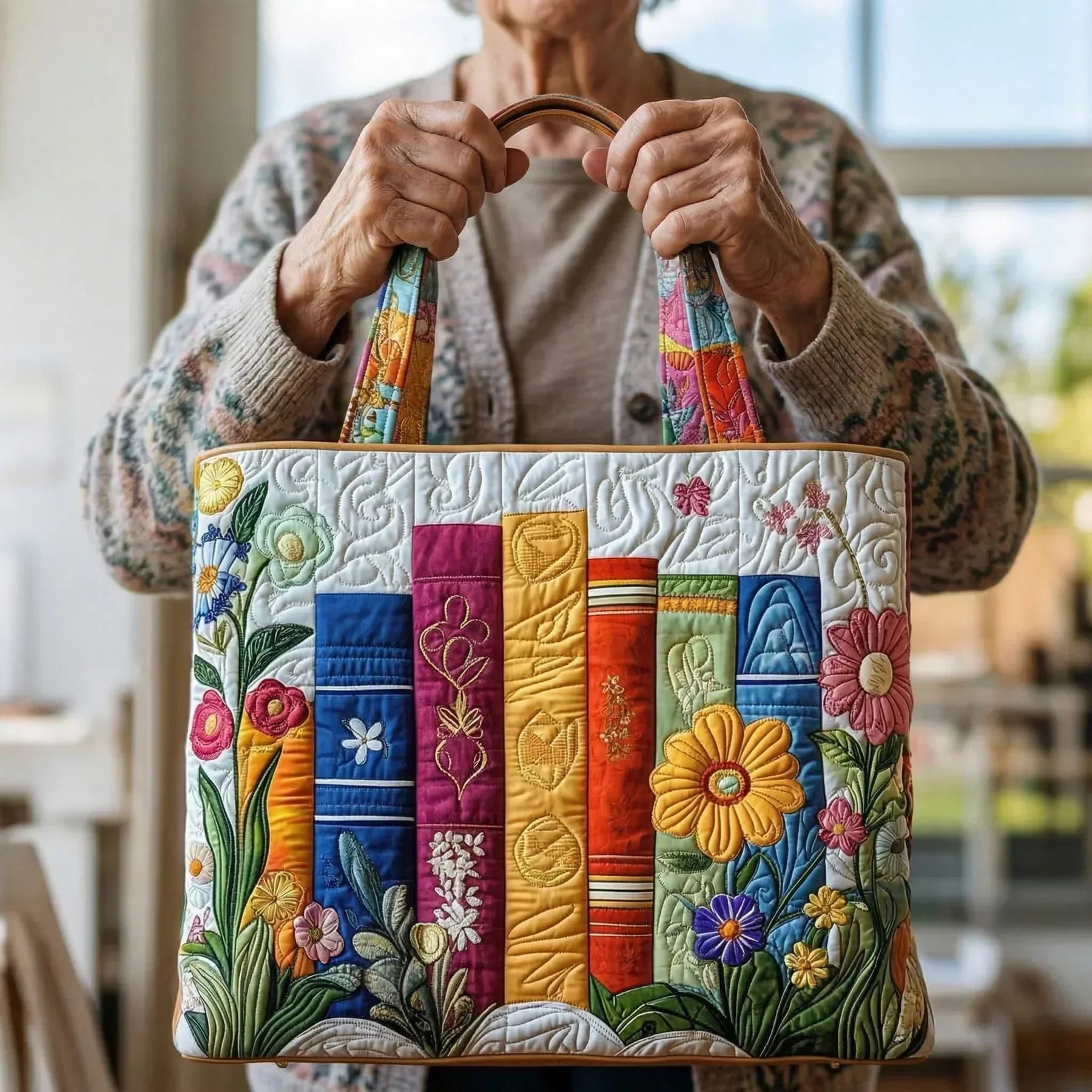 Borsa artigianale trapuntata con biblioteca fiorita A minha loja