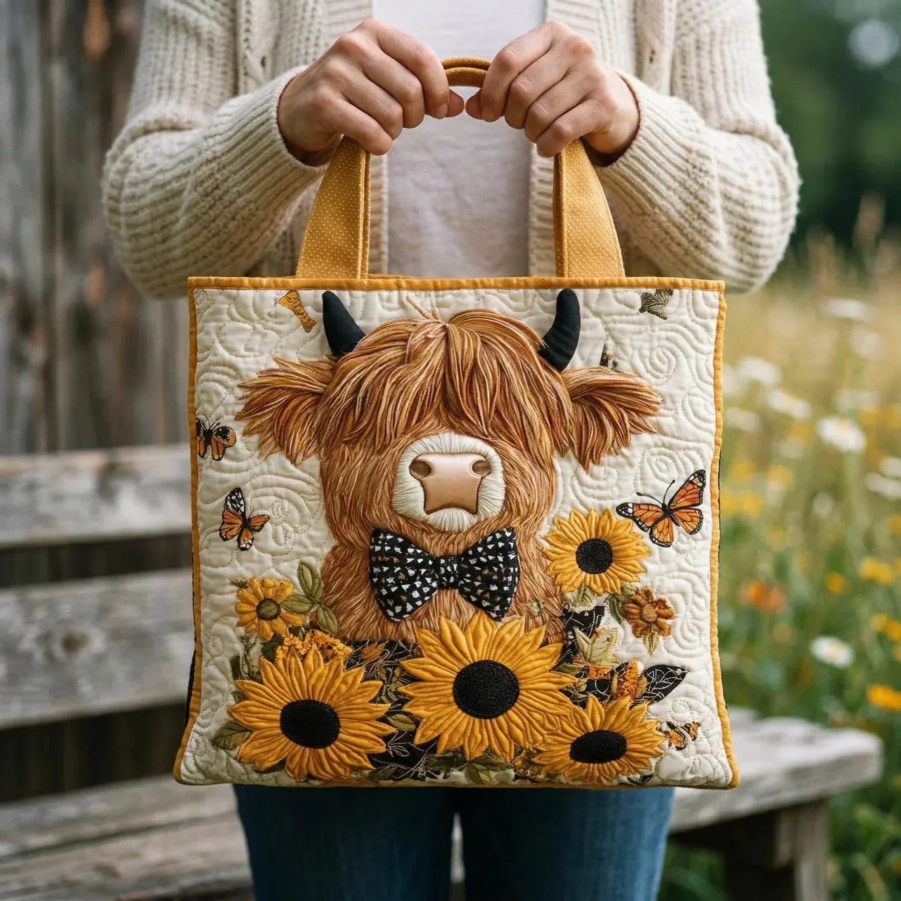 Borsa artigianale trapuntata con mucca e girasoli A minha loja