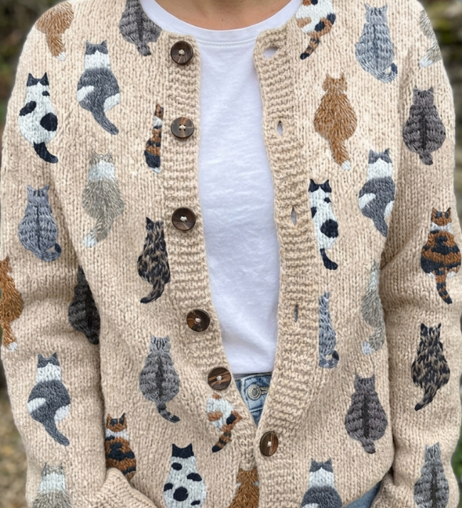 Cardigan Confortevole con Stampa di Gatto per Donne Aurora Roma