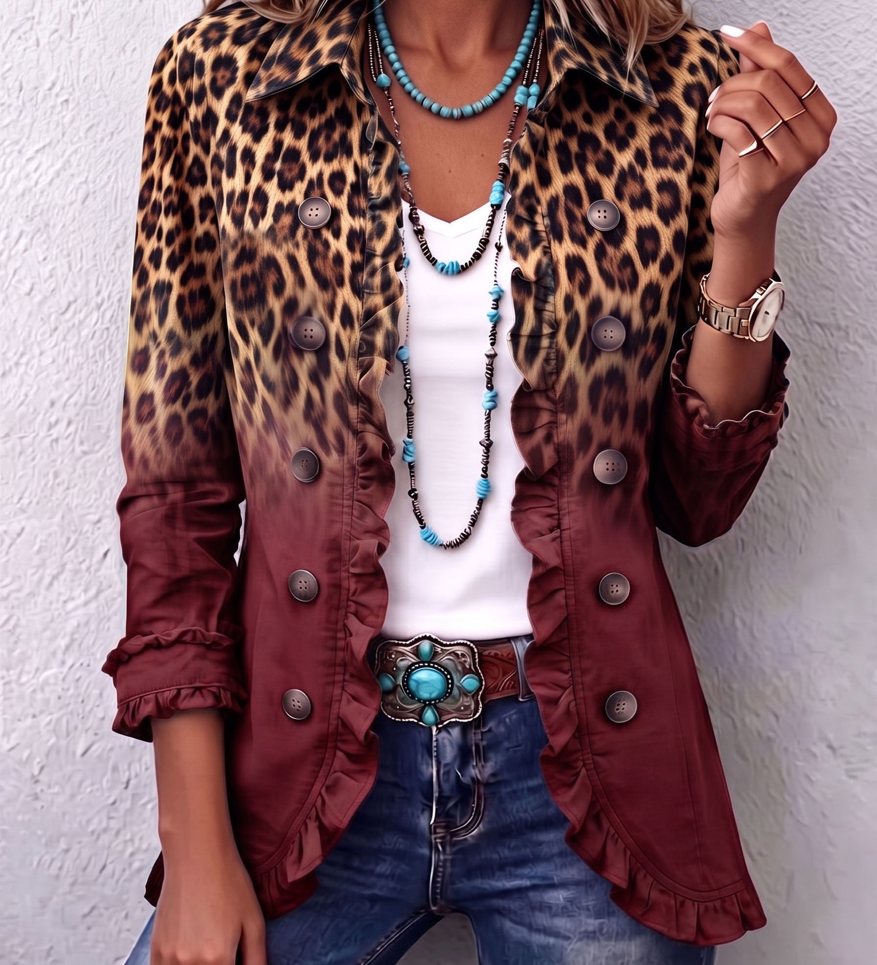 Elspeth | Blazer con Volant e Stampa Leopardo Sfumata